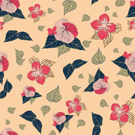 Stylized flowers in red and pink on peach background seamless repeat vector. Sketched design great for textiles,garden products, home decor. Seamless patternのイラスト素材