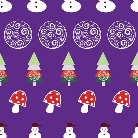 Traditional Christmas Vector Seamless Repeat, Hand Drawn baubles Yuletide Fir Illustration for Home Decor, Stationery, Xmas Decoration, Gift Wrap,Backgrounds. Red purple white green. Seamless pattern.のイラスト素材