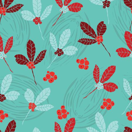 Red and blue berries and leaves on teal background seamless repeat.のイラスト素材