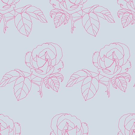 Vector Pink Vintage Roses Fabric Retro Repeating Seamless Pattern Hand Drawn In Botanical Style. Great for retro fabric, wallpaper, scrapbooking project, spring and summer wallpaper, backgrounds.のイラスト素材