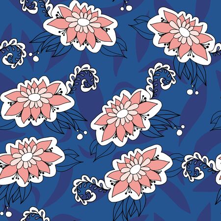 White and pink doodle flowers folk style. Seamless vector pattern on blue background. Great for spa, well being,garden, organic products, home decor, packaging, stationery, kids fashion and decorのイラスト素材