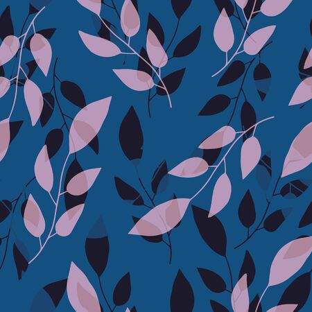 Transparent hand drawn pink and navy branches with leaves. Seamless layered vector pattern on blue background. Great for garden, cosmetic products, packaging, stationery, fabric, home decor, crafts.のイラスト素材