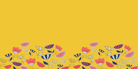 Seamless vector pattern border with abstract hand drawn bright doodle flowers background. Great for fabric, wallpaper, scrapbooking, cards or backgrounds, banners, childrens fashion decor.のイラスト素材
