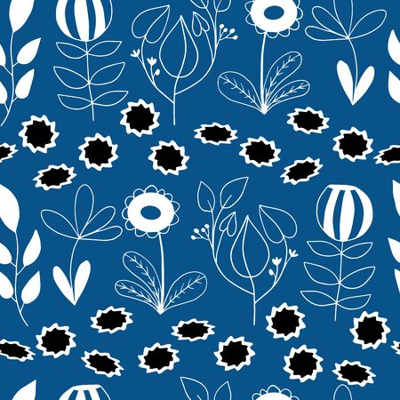 Cute doodle floral seamless vector pattern in blue and white for fabric, wallpaper, scrapbooking projects, or backgrounds. Surface pattern design.のイラスト素材