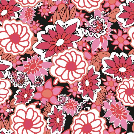 Red,pink and white doodle ditsy seamless pattern on blue background. Great for summer vintage fabric, scrapbook, wallpaper, gift wrap. Surface pattern design.のイラスト素材
