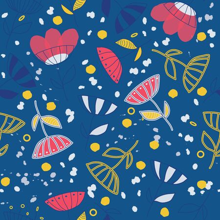 Seamless vector pattern with abstract hand drawn bright doodle flowers background. Surface pattern design for fabric, wallpaper, scrapbooking, cards or backgrounds, banners, childrens fashion decor.のイラスト素材