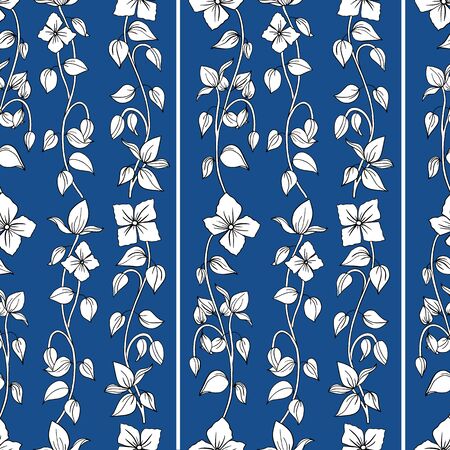 Classic flowing art nouveau hand drawn vine design. Seamless vector pattern on blue background. Great for well-being, cosmetic, food products, summer, packaging,stationery, home decor.のイラスト素材
