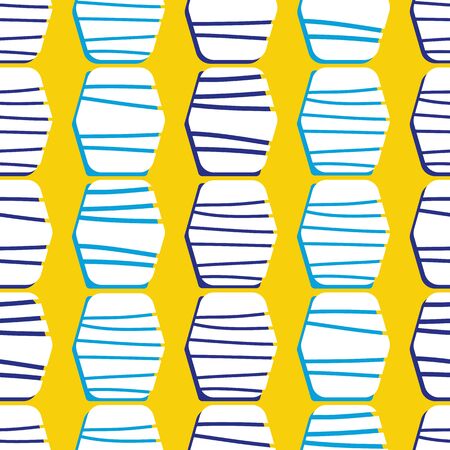 Abstract bright geometric seamless pattern on yellow background. Striped hexagons with blue accents. Great for textiles, home decor, beach towels, stationery, graphic design, fashion.のイラスト素材