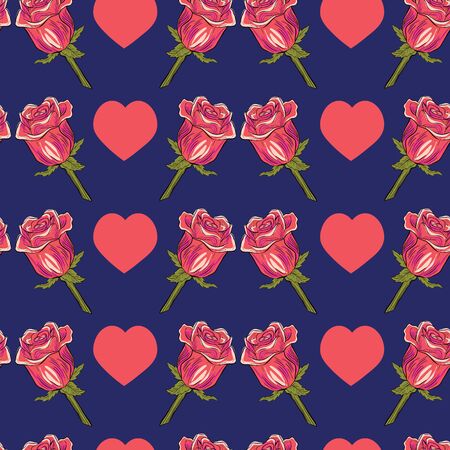 Vintage red roses and hearts on purple background. Great for greeting cards, wedding invitations, birthday, Valentines Day, mothers day, paper crafts, wrapping paper,packaging. Seamless repeat.のイラスト素材