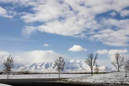Winter in Utah with trees, snow and the mountainsの写真素材