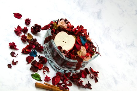 Isolated potpourri - close up on dried leaves and roseの写真素材