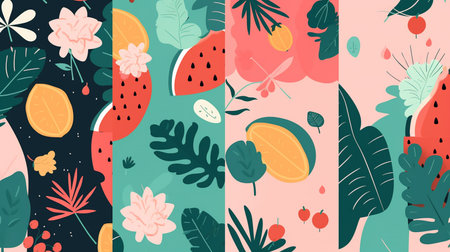 Summer illustration. vibrant abstract poster with tropical palms, rich colours, and jungle elements is perfect for promoting a paradise-themed party or event on various media platforms.の素材