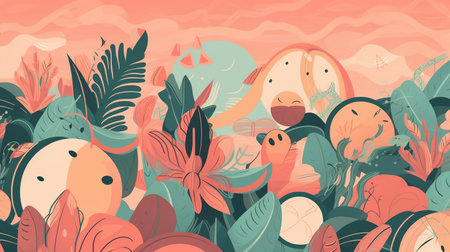 Summer illustration. vibrant abstract poster with tropical palms, rich colours, and jungle elements is perfect for promoting a paradise-themed party or event on various media platforms.の素材