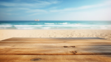 Summer concept. serene blue sky and crystal-clear waters create perfect tropical background for summer beach vacation, with empty wooden pier adding touch of rustic charm to sunny scene. Generate AIの素材