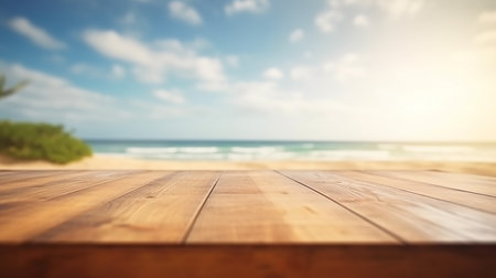 Summer concept. serene blue sky and crystal-clear waters create perfect tropical background for summer beach vacation, with empty wooden pier adding touch of rustic charm to sunny scene. Generate AIの素材