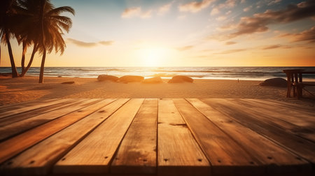 Summer concept. serene blue sky and crystal-clear waters create perfect tropical background for summer beach vacation, with empty wooden pier adding touch of rustic charm to sunny scene. Generate AIの素材