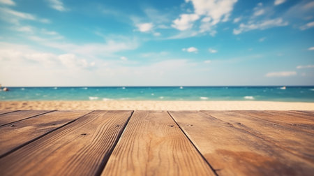 Summer concept. serene blue sky and crystal-clear waters create perfect tropical background for summer beach vacation, with empty wooden pier adding touch of rustic charm to sunny scene. Generate AIの素材