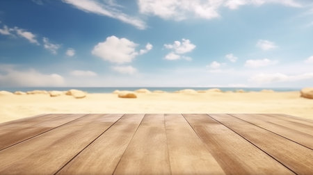 Summer concept. serene blue sky and crystal-clear waters create perfect tropical background for summer beach vacation, with empty wooden pier adding touch of rustic charm to sunny scene. Generate AIの素材