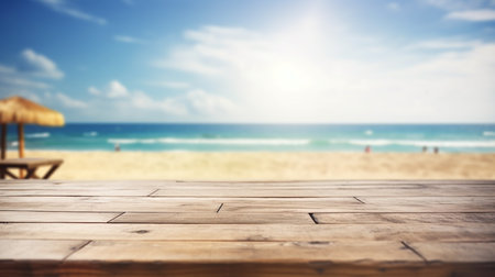 Summer concept. serene blue sky and crystal-clear waters create perfect tropical background for summer beach vacation, with empty wooden pier adding touch of rustic charm to sunny scene. Generate AIの素材