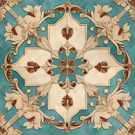The tiled mosaic flooring features a stunning geometrical pattern, creating a visually captivating and modern look. The intricate illustration and graphic design highlight the beauty of the marble structure, making it a stylish and elegant choice for any space.の素材