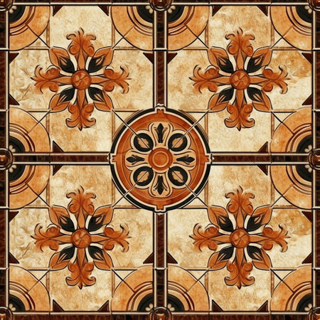 The tiled mosaic flooring features a stunning geometrical pattern, creating a visually captivating and modern look. The intricate illustration and graphic design highlight the beauty of the marble structure, making it a stylish and elegant choice for any space.の素材