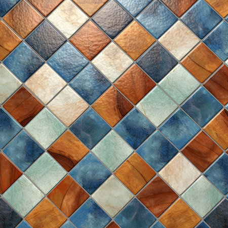 The tiled mosaic flooring features a stunning geometrical pattern, creating a visually captivating and modern look. The intricate illustration and graphic design highlight the beauty of the marble structure, making it a stylish and elegant choice for any space.の素材