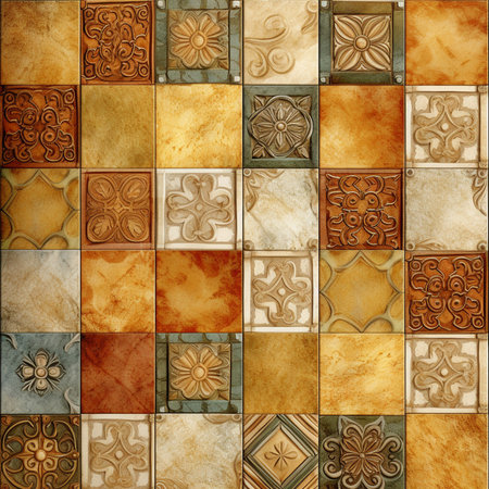 The tiled mosaic flooring features a stunning geometrical pattern, creating a visually captivating and modern look. The intricate illustration and graphic design highlight the beauty of the marble structure, making it a stylish and elegant choice for any space.の素材