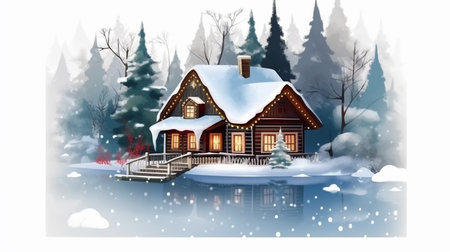 Winter, festive, Christmas background. In a whimsical vintage illustration, a merry scene unfolded at home on a magical winter night, with snowflakes swirling in the air.の素材