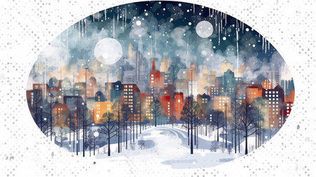 Winter, festive, Christmas background. In a whimsical vintage illustration, a merry scene unfolded at home on a magical winter night, with snowflakes swirling in the air.の素材