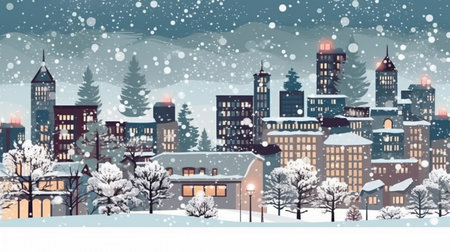 Winter, festive, Christmas background. In a whimsical vintage illustration, a merry scene unfolded at home on a magical winter night, with snowflakes swirling in the air.の素材