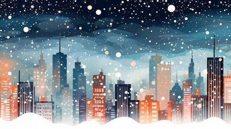 Winter, festive, Christmas background. In a whimsical vintage illustration, a merry scene unfolded at home on a magical winter night, with snowflakes swirling in the air.の素材