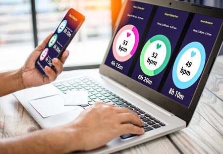 man holds smartphone to watch heart function monitor. Mobile device screen monitors health. Concept of using technology to take care of human health by using digital devices, Internet. Selective focusの写真素材