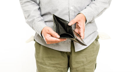 Asian men show no money in their wallets. the concept for recession, bankrupt, bankruptcy, sad,...