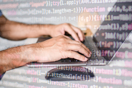 Concept men are coding software, using laptops to control audio in recording rooms, hackers type...