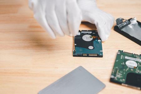 fix and repair hard drive computer for recovery data and backup to storage new concept. hand of engineer holding hard drive or disk for repair, fix Bad Sector on disk. HDD or hard drive has Bad Sectorの写真素材
