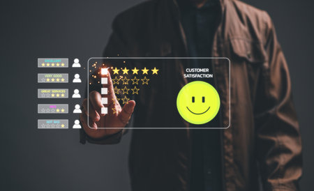 Satisfaction survey and Customer service concept. Businessman or Business people are touching a virtual screen on happy Smile face icon symbol to give satisfaction in service, rating very impressed.の写真素材