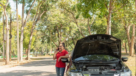 An anxious man stands and inspects a broken-down car in a rural suburban forest. Black car, Engine...