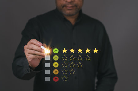 Businessman or Business people are touching a virtual screen on happy Smiley face icon symbol to...