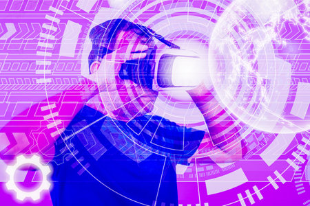A man using Metaverse digital cyber world technology with wearing and holding Virtual reality white...