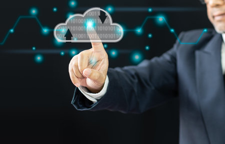 businessman hand hold datum digital cloud to connection network for download, upload database...