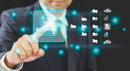 person businessman using finger touch icon Document Management System (DMS) for process information...