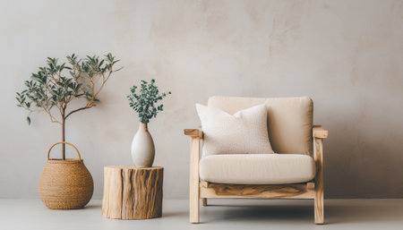 A modern living room design with empty sofa and armchair on the wall, featuring sleek lines, simple silhouettes, and neutral colors, creates a minimalist and inviting space. Generative Aiの素材