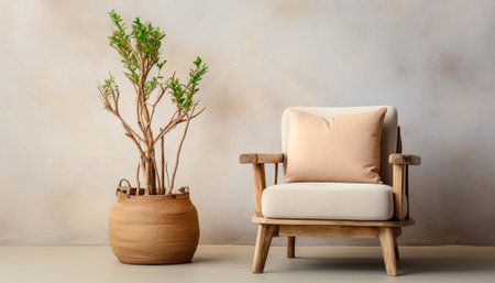 A modern living room design with empty sofa and armchair on the wall, featuring sleek lines, simple silhouettes, and neutral colors, creates a minimalist and inviting space. Generative Aiの素材