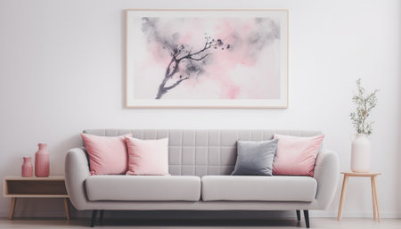 A modern living room design with empty sofa and armchair on the wall, featuring sleek lines, simple silhouettes, and neutral colors, creates a minimalist and inviting space. Generative Aiの素材