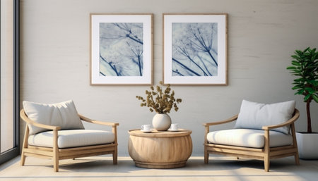 A modern living room design with empty sofa and armchair on the wall, featuring sleek lines, simple silhouettes, and neutral colors, creates a minimalist and inviting space. Generative Aiの素材