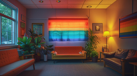 A counselor's office with LGBTQ friendly symbols, showing a safe and welcoming space for individuals seeking supportの素材