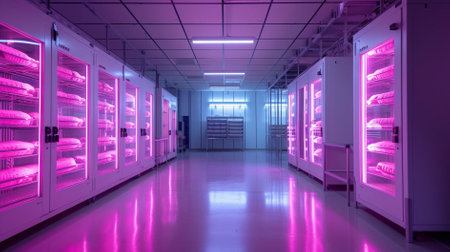 Modern Tissue Culture Lab with Growth Chambers. Rows of tissue culture growth chambers in a modern laboratory emit a neon glow, highlighting the advanced plant propagation techniquesの素材