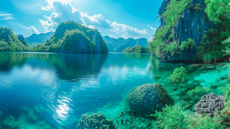 Majestic Limestone Cliffs Above Pristine Lake. Breathtaking panoramic view of towering limestone cliffs and lush vegetation reflecting on the pristine waters of a serene lake.の素材