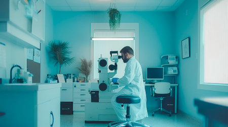 Ophthalmologist Using Equipment in Exam Room. An ophthalmologist in a lab coat is focused on operating specialized eye examination equipment in a well-organized clinic room.の素材