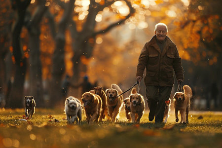 A retired athlete in his 70s walking a group of dogs through a sunny park. The joy on his face and playful energy of the dogs reflect his love for animals and his newfound passion for providing petの素材